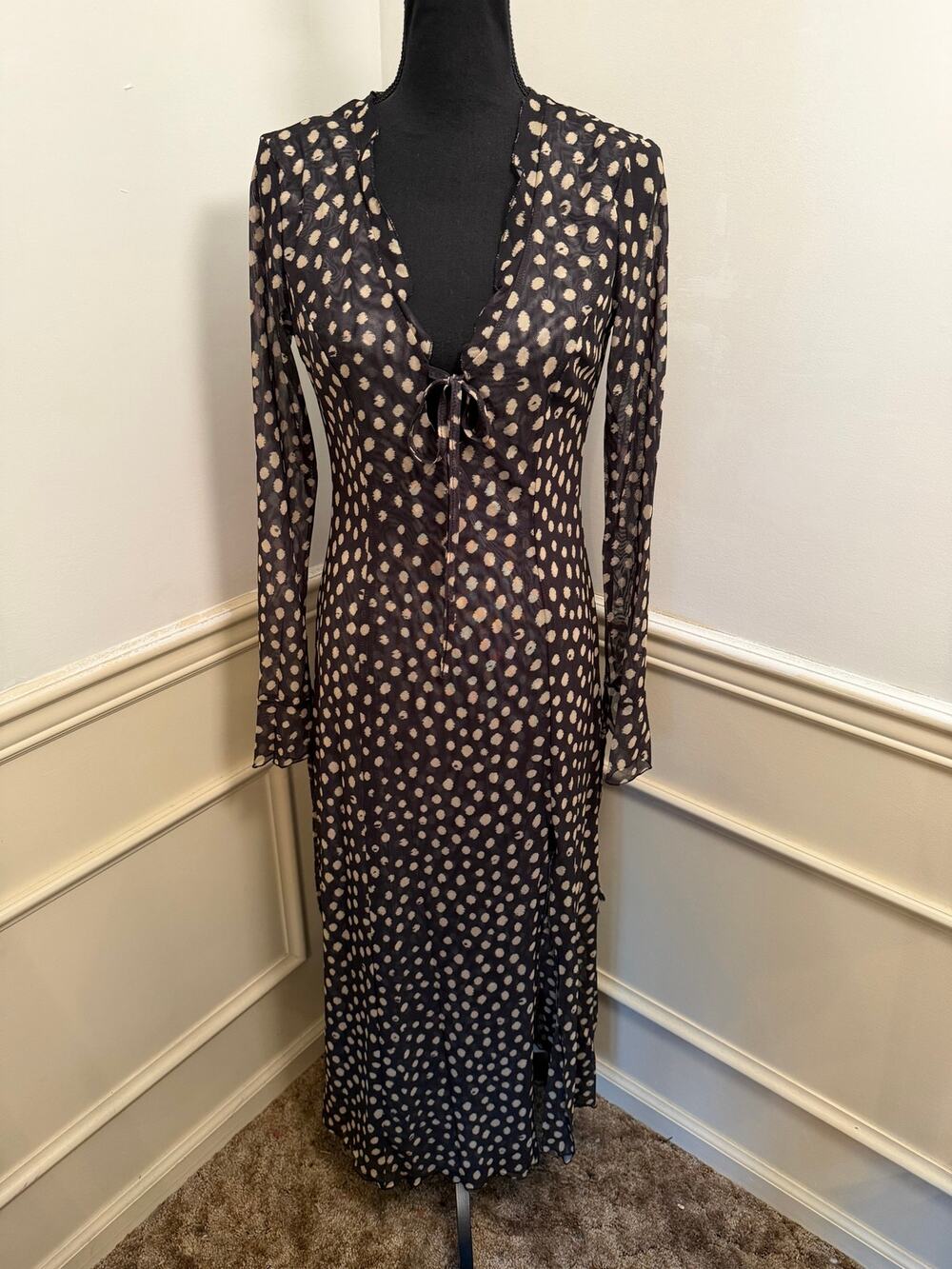 Grunge Goblincore Sheer Mesh Polka Dot Maxi Dress Long Sleeve Cover Up Whimsical